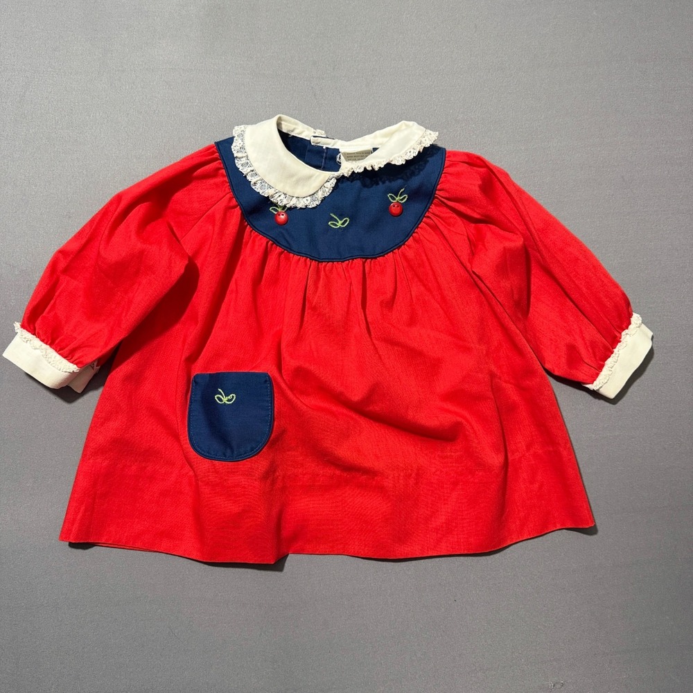 Vintage Nanette Red Blue Cherry‎ Embroidered Baby Dress Size 2T
